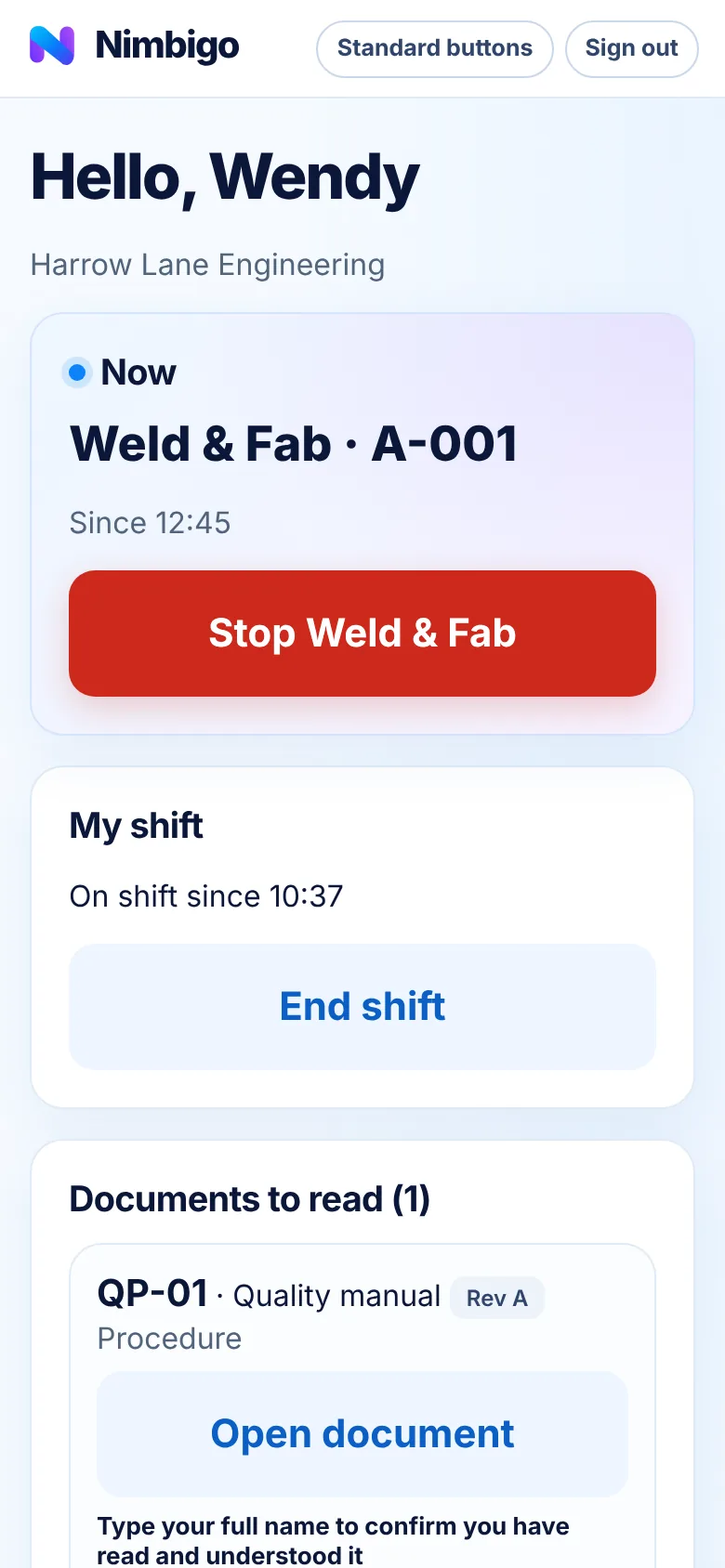 The Nimbigo staff phone screen in gloves-on mode